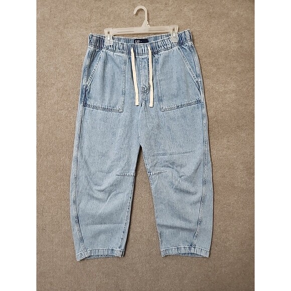 Gap SuperSoft Pull On Barrel Leg Jeans Womens M Blue Light Wash Drawstring - Picture 4 of 11